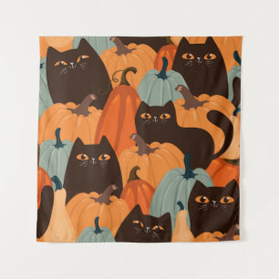 Pit naadloos patroon met zwarte katten en pompoene wandkleed