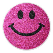 Pit-roze faux glitter Happy face Keramische Knop (Voorkant)