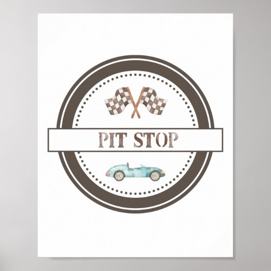 Pit Stop Blauw Race Car Sign Poster (Voorkant)