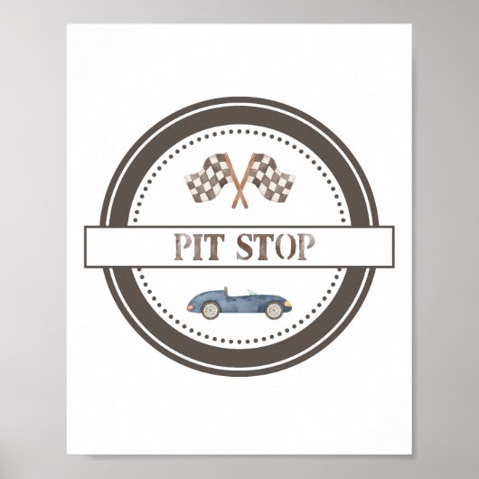 Pit Stop Navy Blue Race Car Sign Poster (Voorkant)