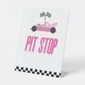 Pit Stop Pink Flame Race Car Party Tafel Reclamebord Met Voetstuk (Voorkant)