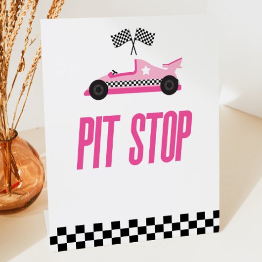 Pit Stop Pink Flame Race Car Party Tafel Reclamebord Met Voetstuk