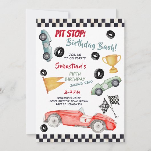 Pit stop: verjaardagsfeest, raceauto voor kinderen kaart (Voorkant)