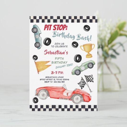 Pit stop: verjaardagsfeest, raceauto voor kinderen kaart (Staand voorkant)