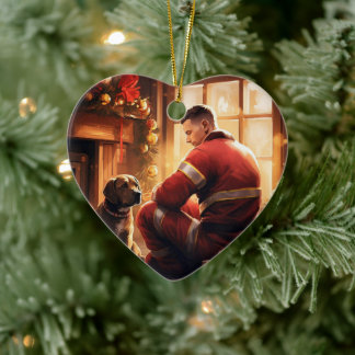 Pitbull Brandweerman Kerst, Cadeau voor Hondenlief Keramisch Ornament