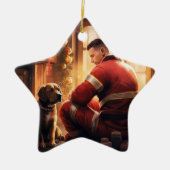 Pitbull Brandweerman Kerst, Cadeau voor Hondenlief Keramisch Ornament (Voorkant)