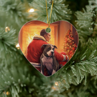 Pitbull Brandweerman Kerst, Cadeau voor Hondenlief Keramisch Ornament