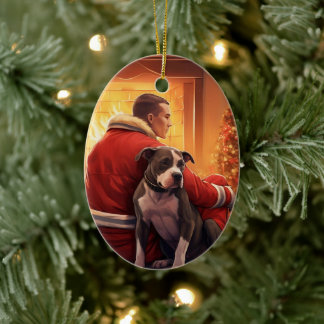 Pitbull Brandweerman Kerst, Cadeau voor Hondenlief Keramisch Ornament