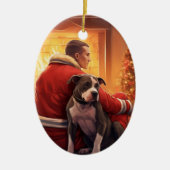 Pitbull Brandweerman Kerst, Cadeau voor Hondenlief Keramisch Ornament (Voorkant)