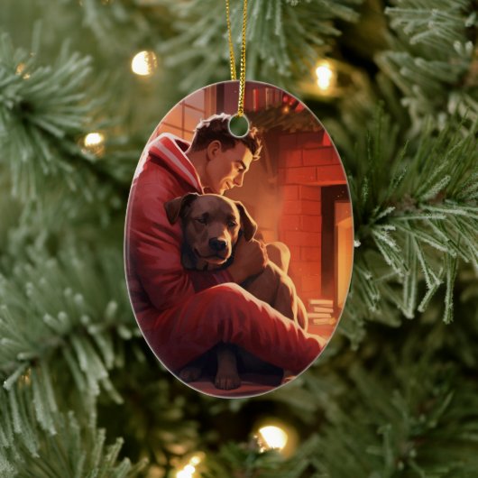 Pitbull Brandweerman Kerst, Cadeau voor Hondenlief Keramisch Ornament (Boom)