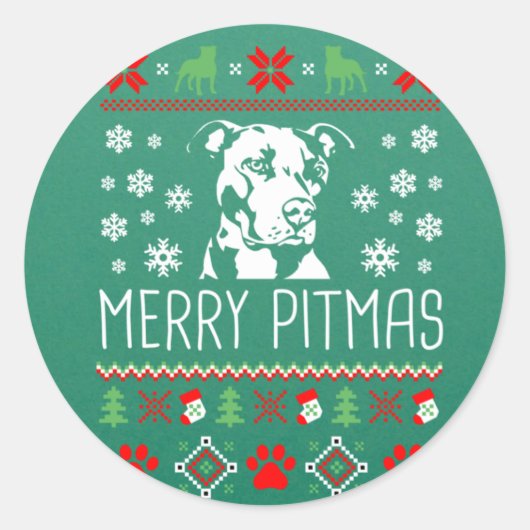 Pitbull Christmas Lovers Merry Pitmas Ugly Christm Ronde Sticker (Voorkant)