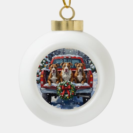 Pitbull Christmas Red Truck Holiday Keramische Bal Ornament (Voorkant)