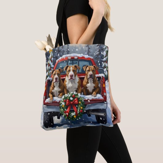 Pitbull Christmas Red Truck Holiday Tote Bag (Dichtbij)
