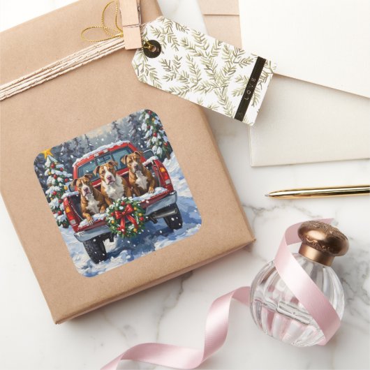 Pitbull Christmas Red Truck Holiday Vierkante Sticker (Geschenken)