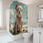 Pitbull Dog Christmas  Beach Douchegordijn<br><div class="desc">Breng de warmte van de feestdagen naar de kust met dit charmante, op vintages geïnspireerde ontwerp met een feestelijke hond die op een sereen strand zit. Met een klassieke vakantietoets van nostalgische tinten en kustvibes, vangt dit kunstwerk de magie van Kerstmis door het zee. Perfect voor het verspreiden van feestvreugde,...</div>