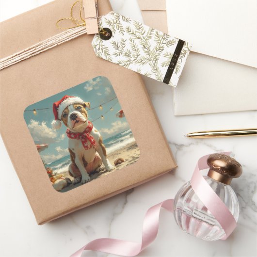 Pitbull Dog Christmas Beach Vierkante Sticker (Geschenken)