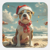 Pitbull Dog Christmas Beach Vierkante Sticker (Voorkant)