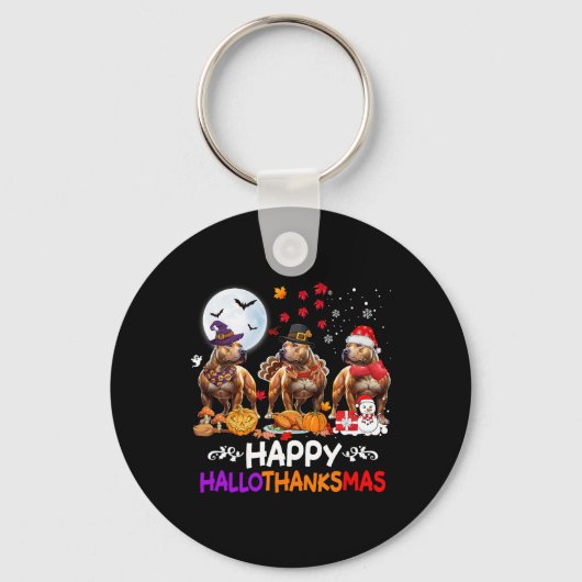 Pitbull Dog Christmas Happy Hallothankmas Thanksgi Sleutelhanger (Voorkant)