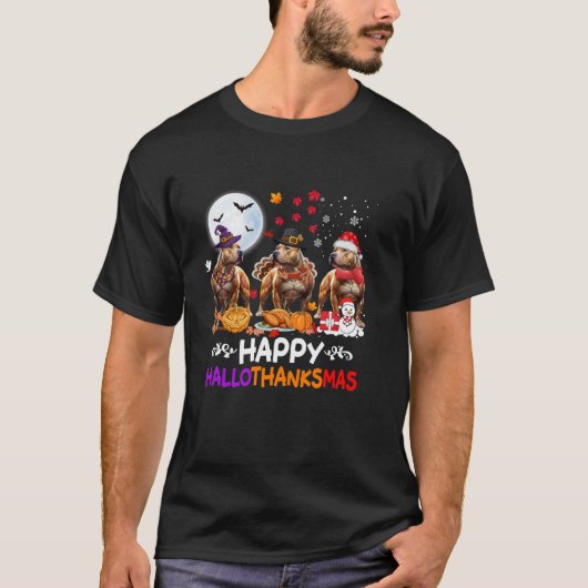 Pitbull Dog Christmas Happy Hallothankmas Thanksgi T-shirt (Voorkant)
