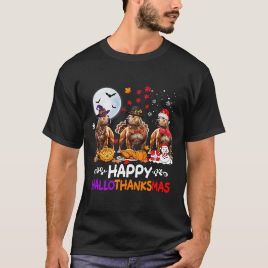 Pitbull Dog Christmas Happy Hallothankmas Thanksgi T-shirt (Voorkant)