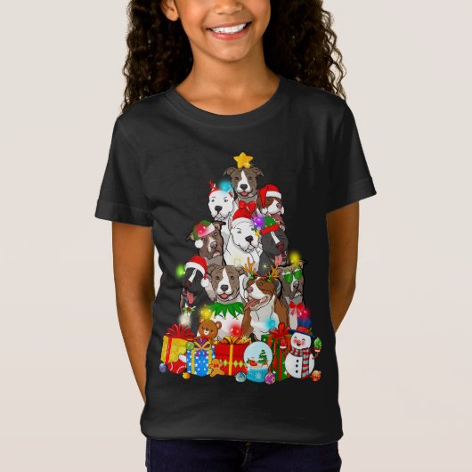 Pitbull Dog Christmas Tree Lights Grappige Hond Lo T-shirt (Voorkant)