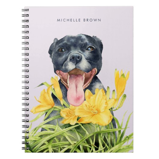 Pitbull Dog Flower Garden Waterverf | Naam toevoeg Notitieboek (Voorkant)