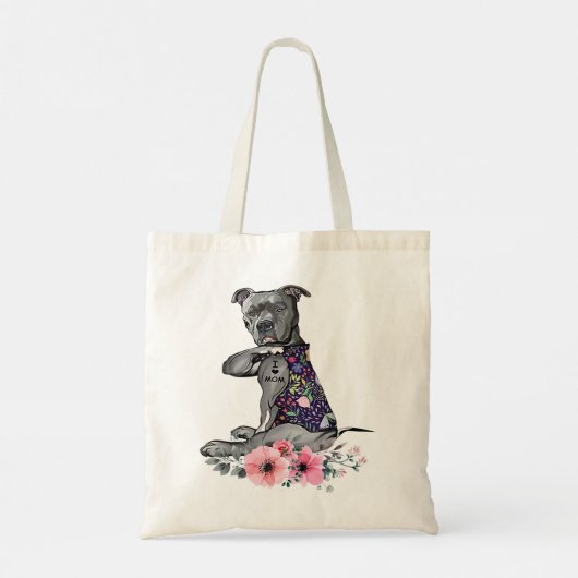 Pitbull Dog Flower PitBull I Love Mam Pitbull Tatt Tote Bag (Achterkant)