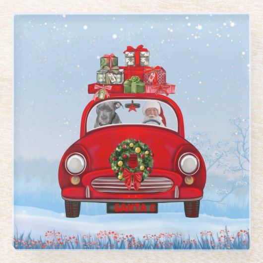 Pitbull Dog in auto met kerstman Glazen Onderzetter (Voorkant)