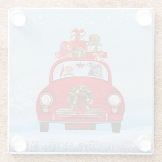 Pitbull Dog in auto met kerstman Glazen Onderzetter (Achterkant)