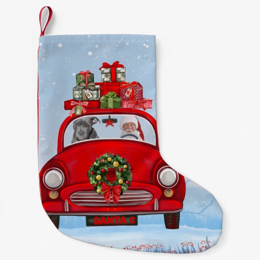 Pitbull Dog in auto met kerstman Kleine Kerstsok (Voorkant)