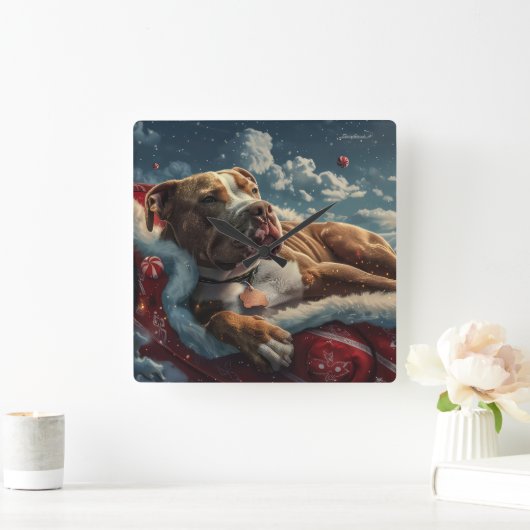 Pitbull Dog Kerstfeest Vierkante Klok (Huis)