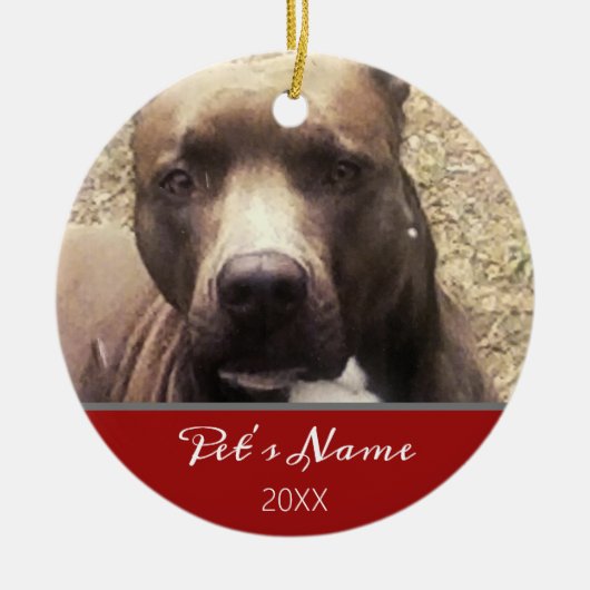 Pitbull Dog Pet Foto Monogram Rood kerstnaam Keramisch Ornament (Voorkant)