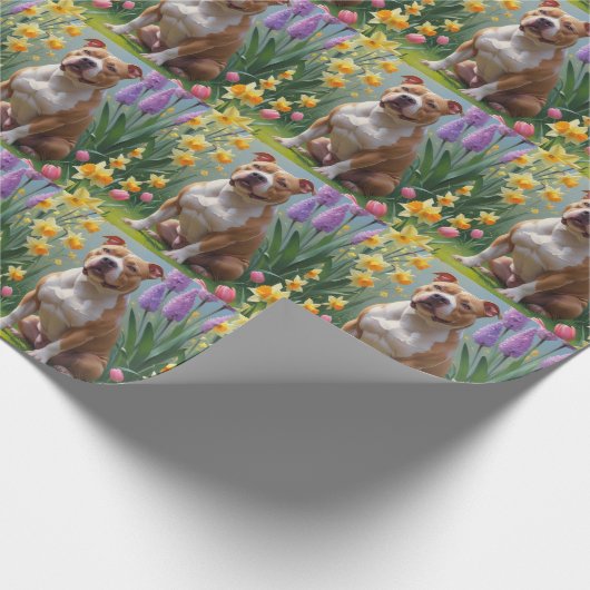 Pitbull Dog Spring Bloemen Schilderen Cadeaupapier (Hoek)