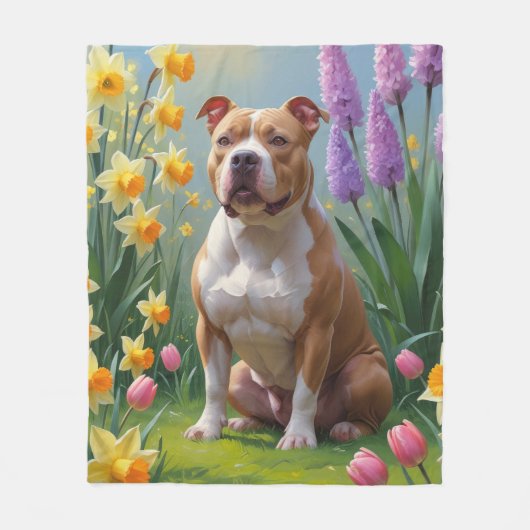 Pitbull Dog Spring Bloemen Schilderen Fleece Deken (Voorkant)