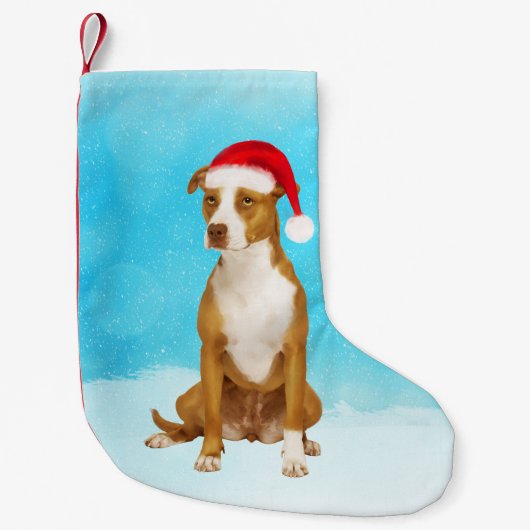 Pitbull Dog Zittend In Sneeuw Kerst Pet Kleine Kerstsok (Voorkant)