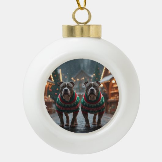Pitbull Dogs Christmas Snow Holiday Keramische Bal Ornament (Voorkant)