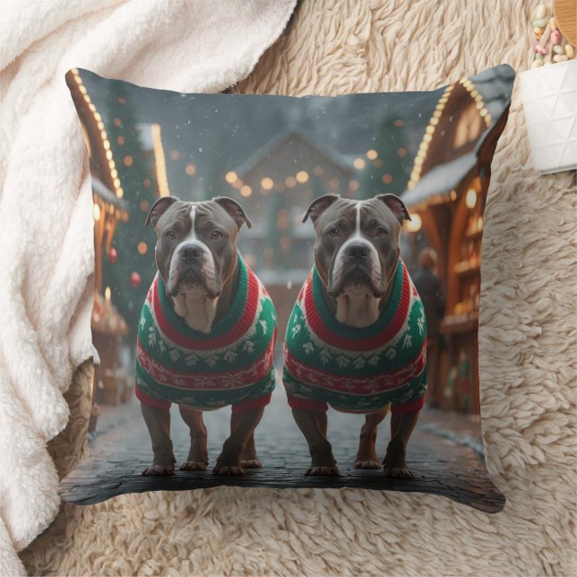 Pitbull Dogs Christmas Snow Holiday Kussen (Deken)