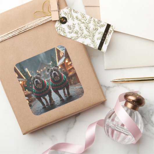 Pitbull Dogs Christmas Snow Holiday Vierkante Sticker (Geschenken)