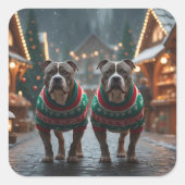 Pitbull Dogs Christmas Snow Holiday Vierkante Sticker (Voorkant)