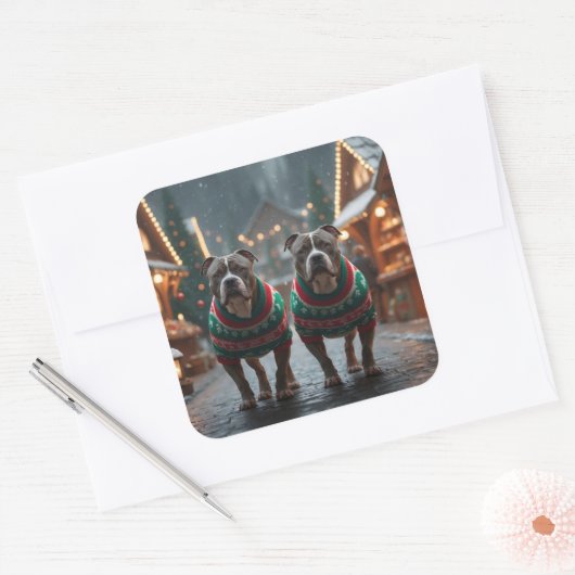 Pitbull Dogs Christmas Snow Holiday Vierkante Sticker (Envelop)