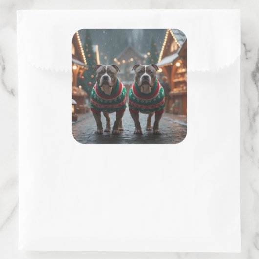 Pitbull Dogs Christmas Snow Holiday Vierkante Sticker (Tas)