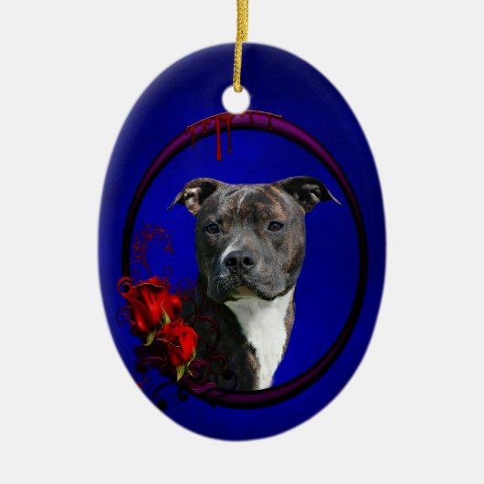 Pitbull en bloederige rozen keramisch ornament (Voorkant)