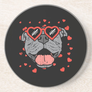 Pitbull Face Heart Glasses Valentijnsdag Pet Dog Zandsteen Onderzetter