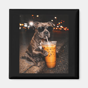 Pitbull-hond drinkt ijskoude koffie met zonnebril magneet
