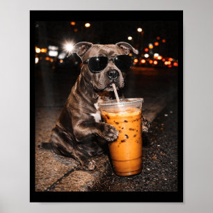 Pitbull-hond drinkt ijskoude koffie met zonnebril poster