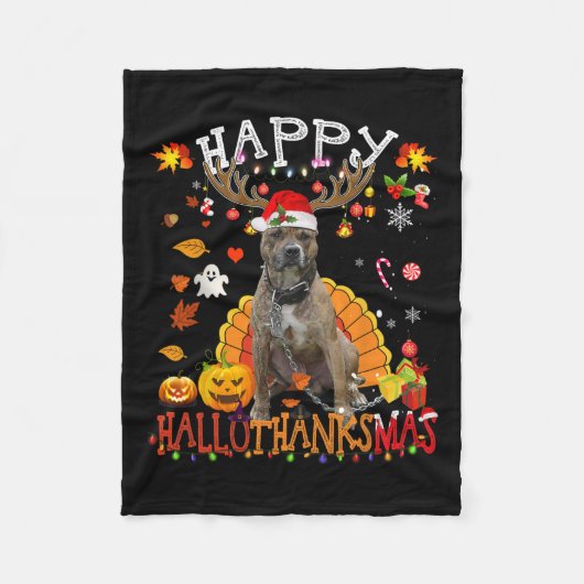 Pitbull Hond Halloween Kersthond Happy Hallotha Fleece Deken (Voorkant)