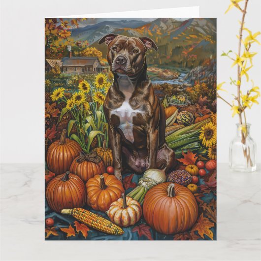 Pitbull-hond Herfst Oogst Thanksgiving Kaart (Gele Bloem)