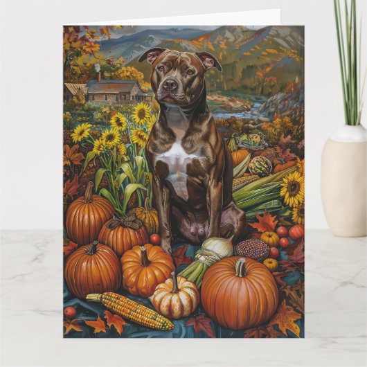 Pitbull-hond Herfst Oogst Thanksgiving Kaart (Voorkant)