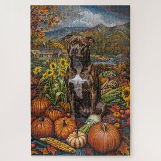 Pitbull-hond Herfst Oogst Thanksgiving Legpuzzel (Verticaal)
