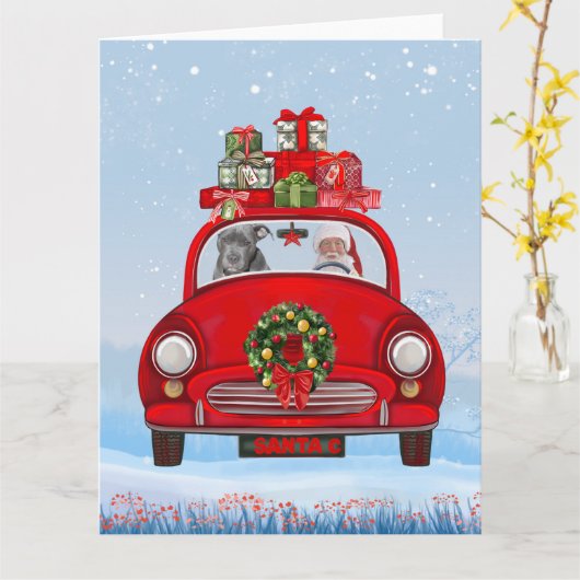 Pitbull-hond in auto met kerstman kaart (Gele Bloem)
